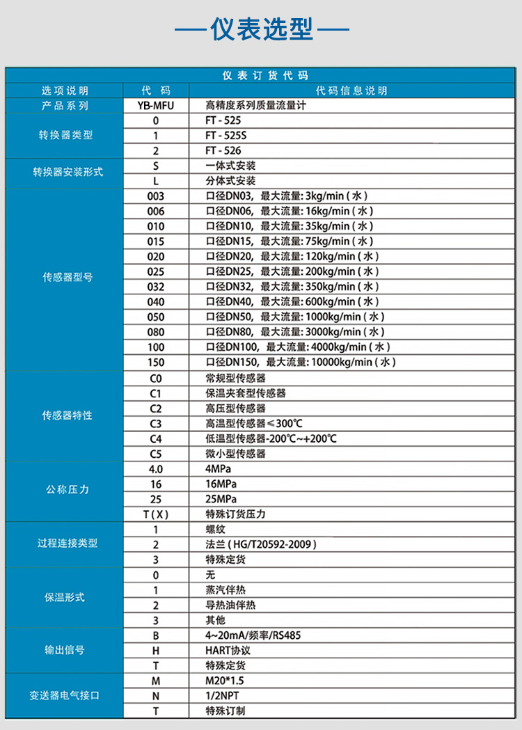 科里奧利質(zhì)量流量計選項表