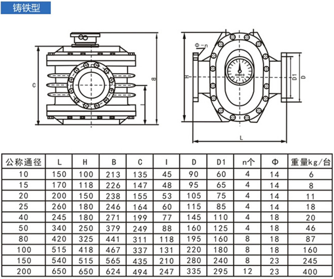 廢油流量計(jì)外形尺寸對(duì)照表